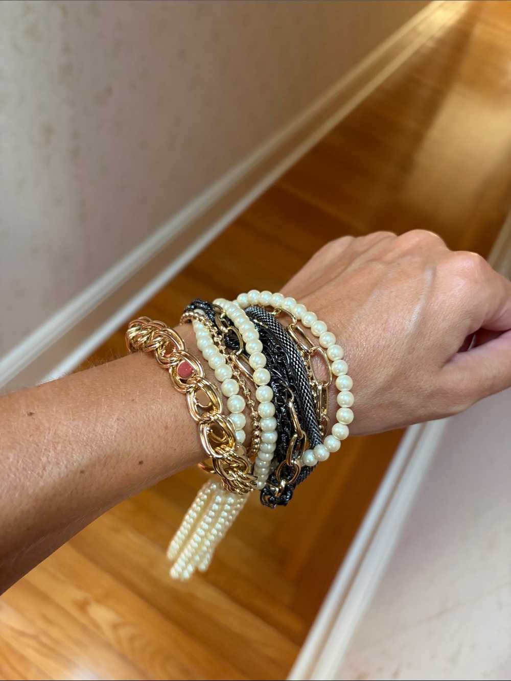 Layered Gold and Pearl Women's Bracelet Set